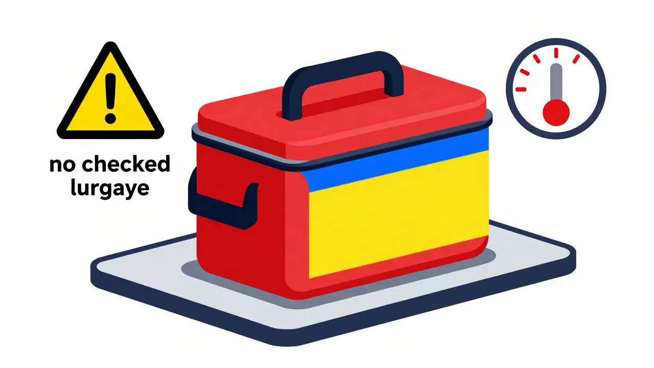 Portable medication cooler on airplane tray table, emphasizing carry-on storage safety.