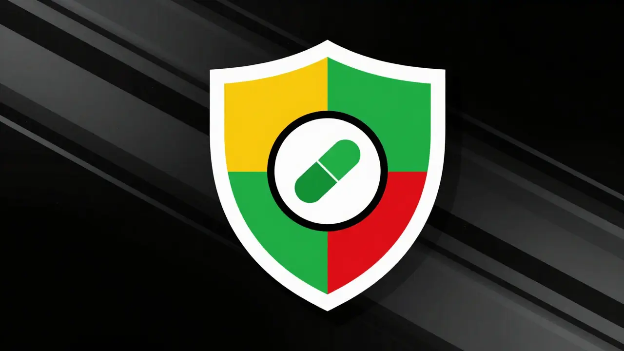 Stylized shield of geometric forms symbolizing safe online medication.