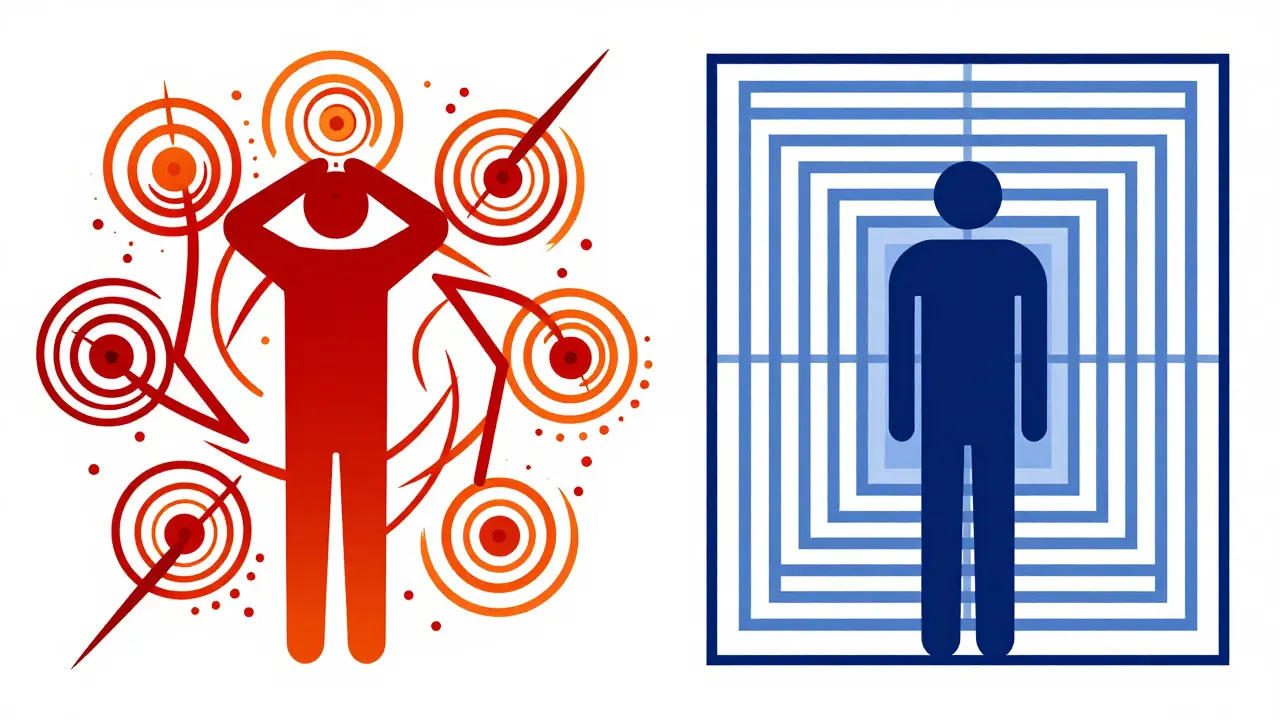 Abstract Bauhaus art showing chaotic swirls for dizziness versus stable squares for steady medication effects