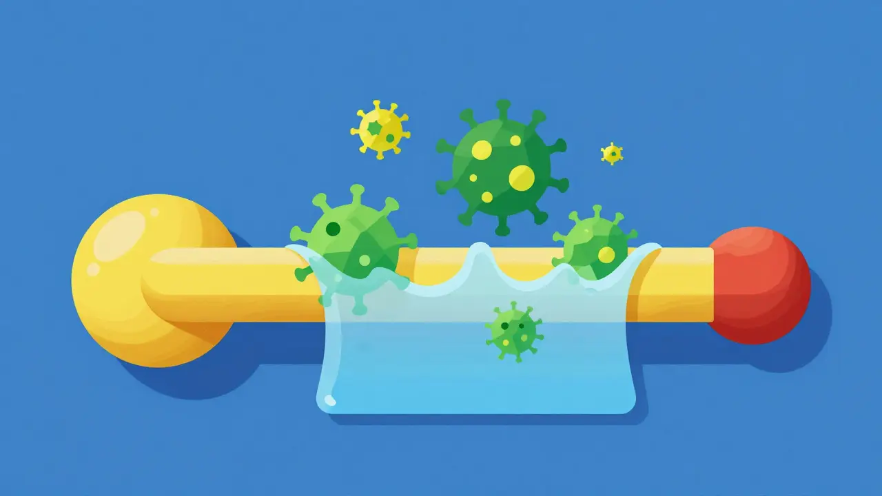 Abstract Bauhaus illustration of cleaning surfaces with bleach to remove virus shapes