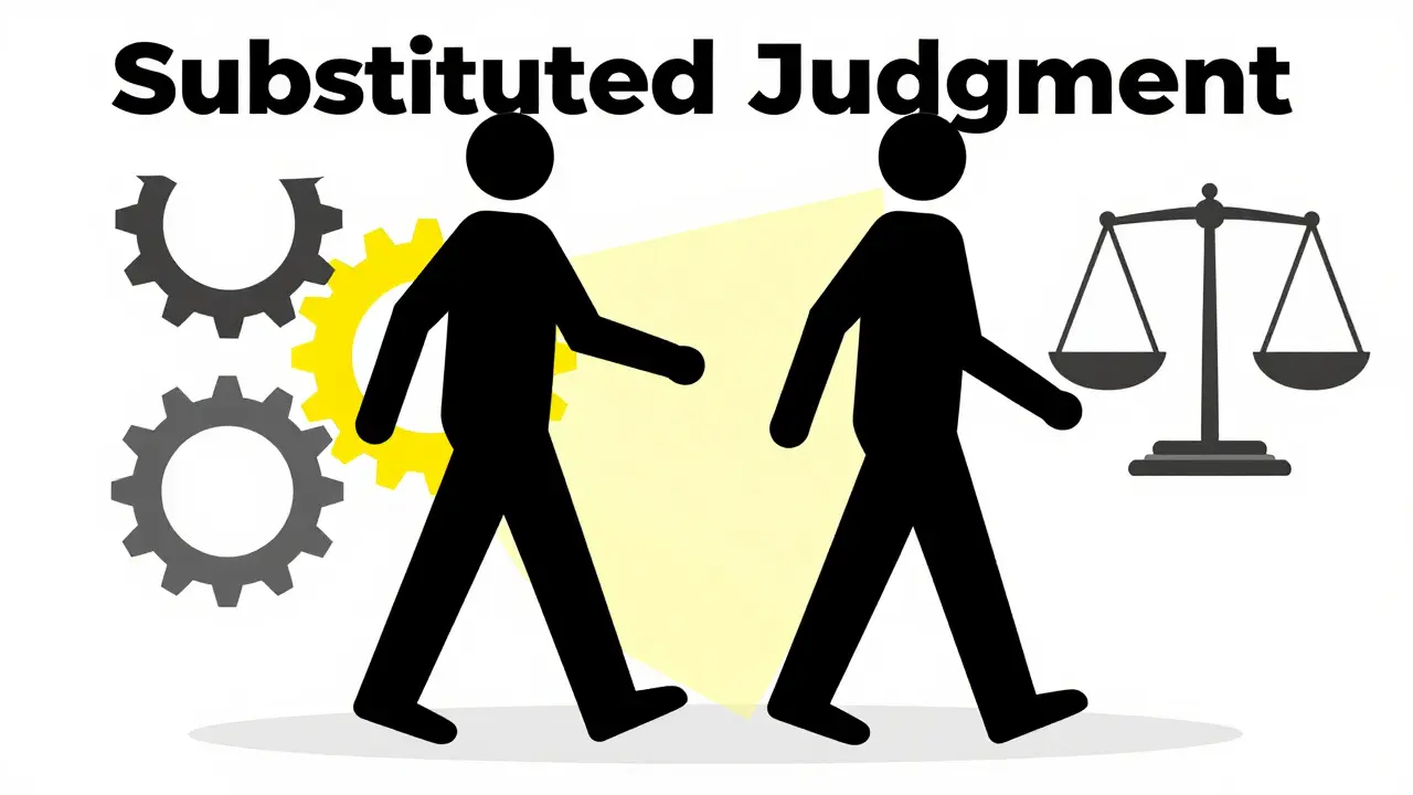 Bauhaus graphic of two overlapping figures representing a surrogate making decisions for a patient.