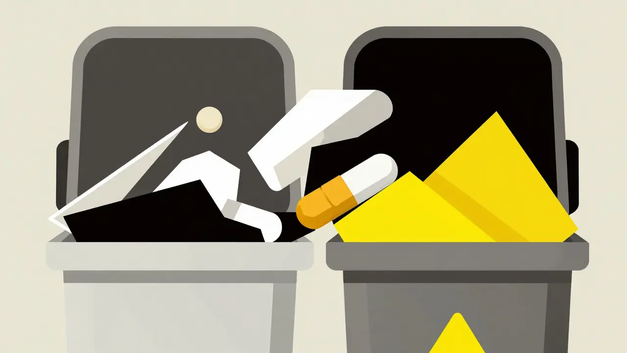 Bauhaus style graphic showing expired meds being safely disposed