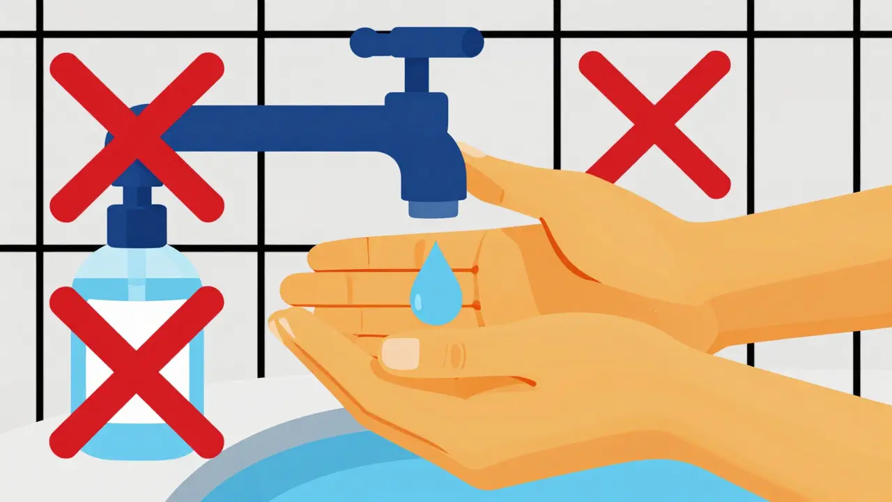 Geometric Bauhaus art of hands washing with soap, rejecting sanitizer bottles