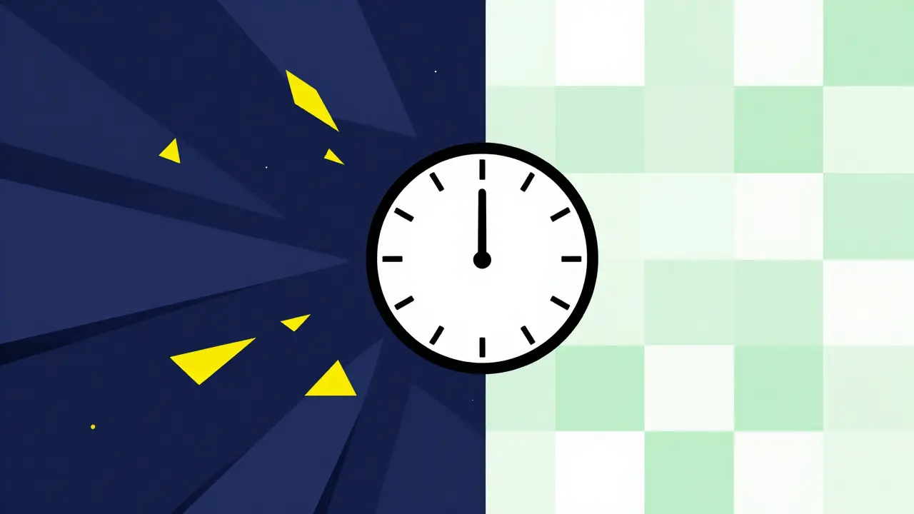 Geometric Bauhaus design contrasting fragmented night sleep patterns with structured daytime clarity