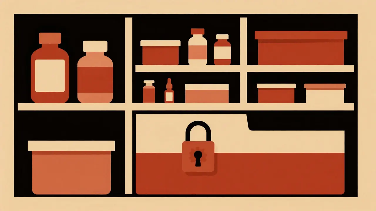 Geometric illustration of a secure, dry medicine cabinet in a closet