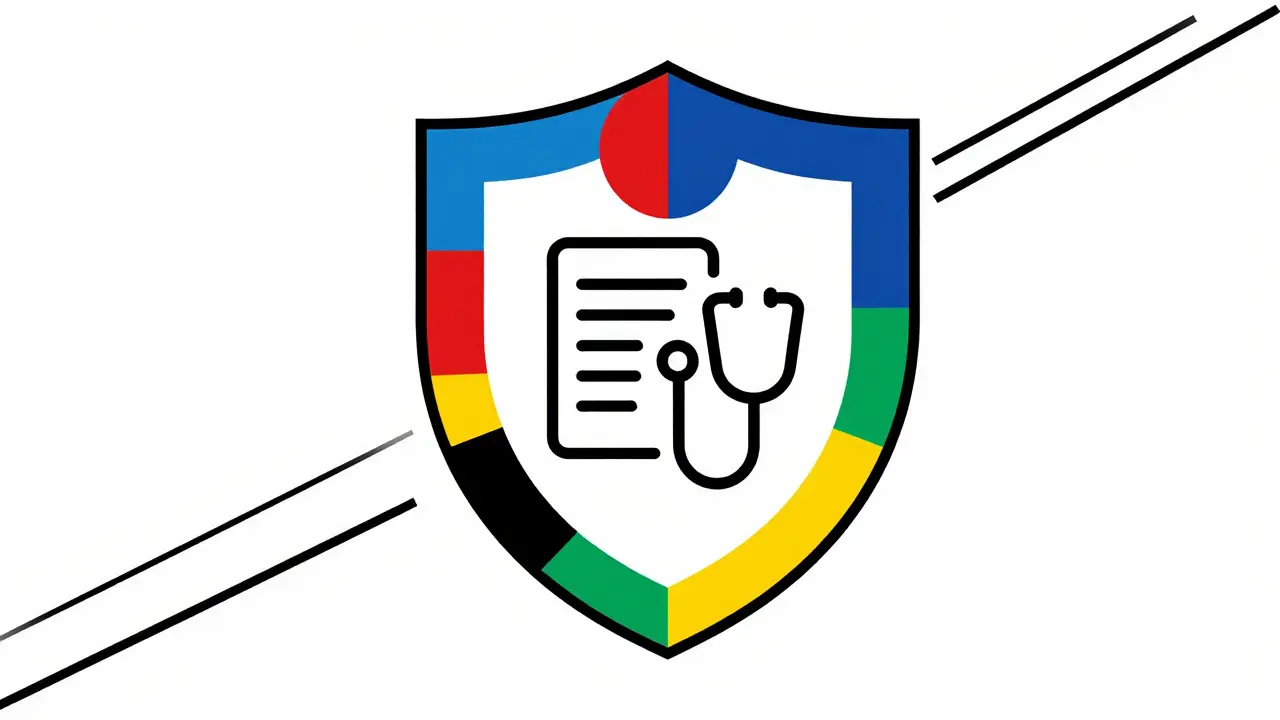Geometric shield protecting a patient, symbolizing medication lock-in
