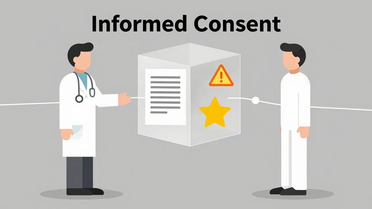 Stylized Bauhaus illustration of a doctor and patient exchanging information via a transparent cube.