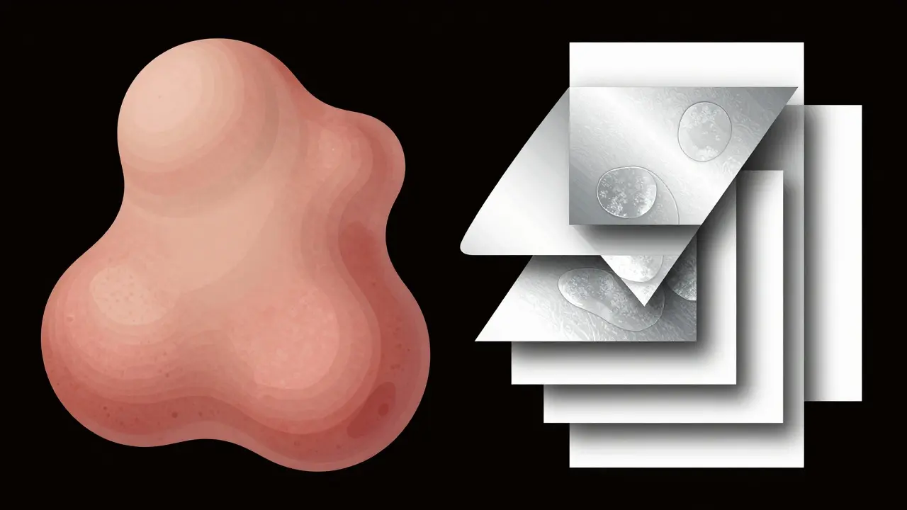 Abstract art contrasting smooth eczema patches with layered psoriasis plaques.