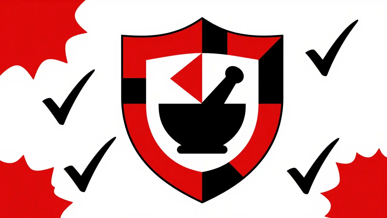 Geometric Bauhaus art showing a shield symbolizing safe and verified online pharmacies.