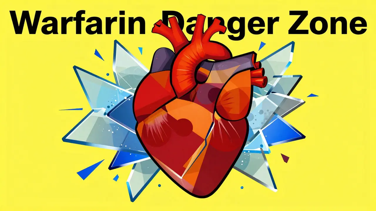 Geometric Bauhaus heart surrounded by jagged shapes symbolizing bleeding risks.