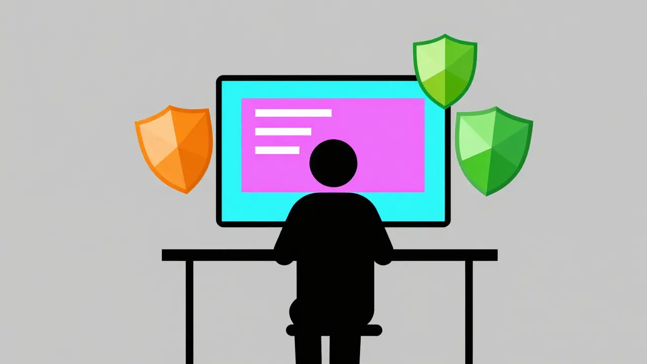 Geometric illustration of a secure video consultation with safety symbols.