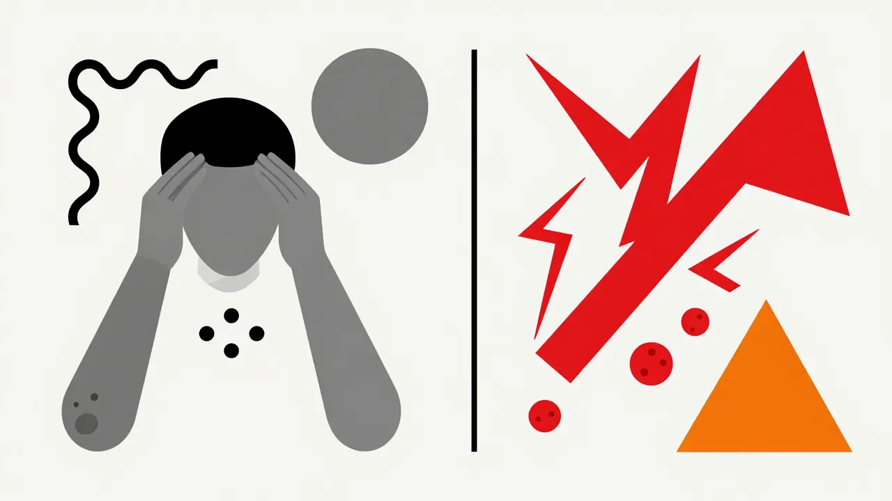 Geometric shapes contrasting mild side effects with severe allergic reactions in primary colors.