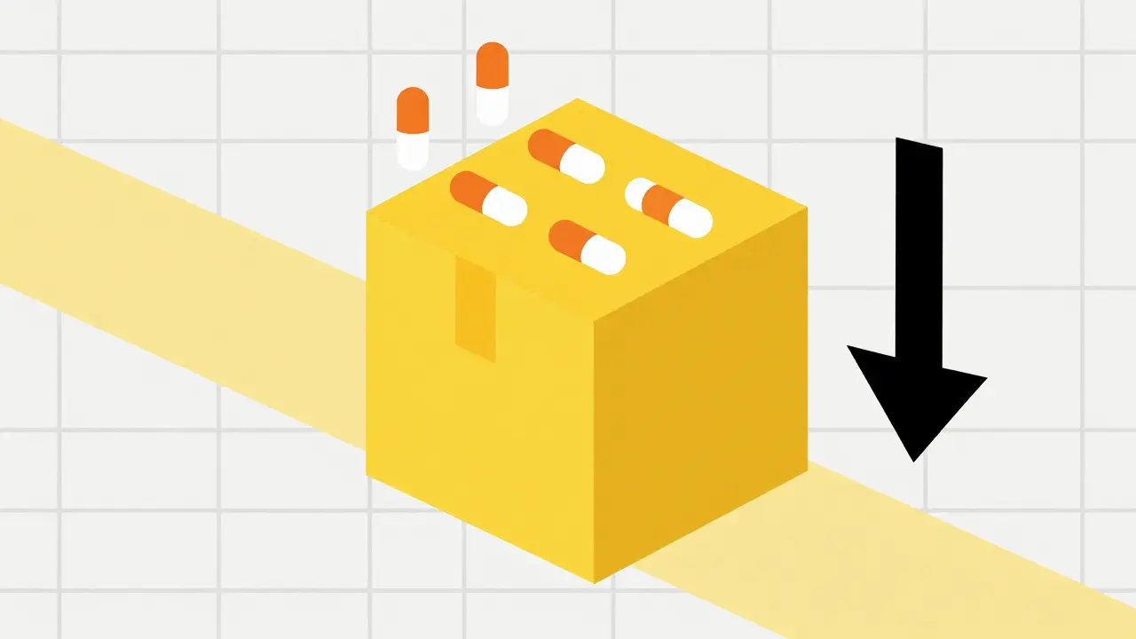 Minimalist Bauhaus illustration of a package delivering pills with a price drop arrow.