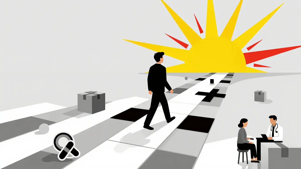 Person walking toward sun on geometric path to savings