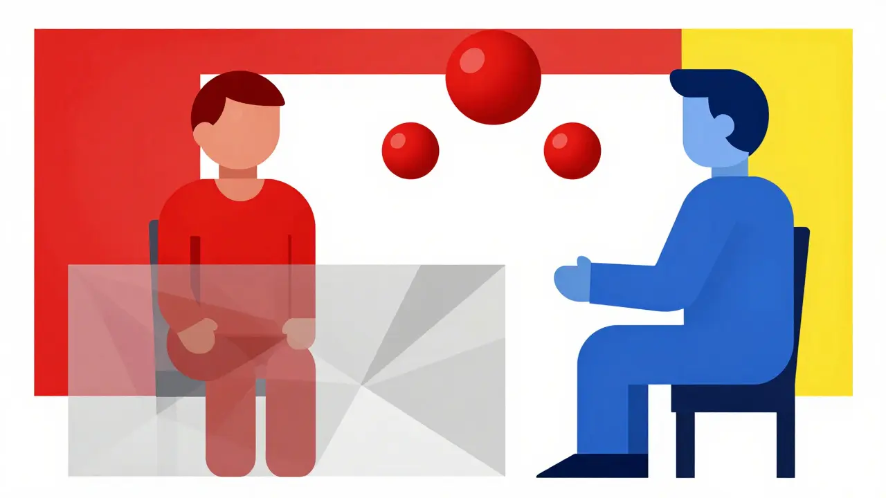 Stylized Bauhaus figures separated by a barrier, representing hidden health risks.