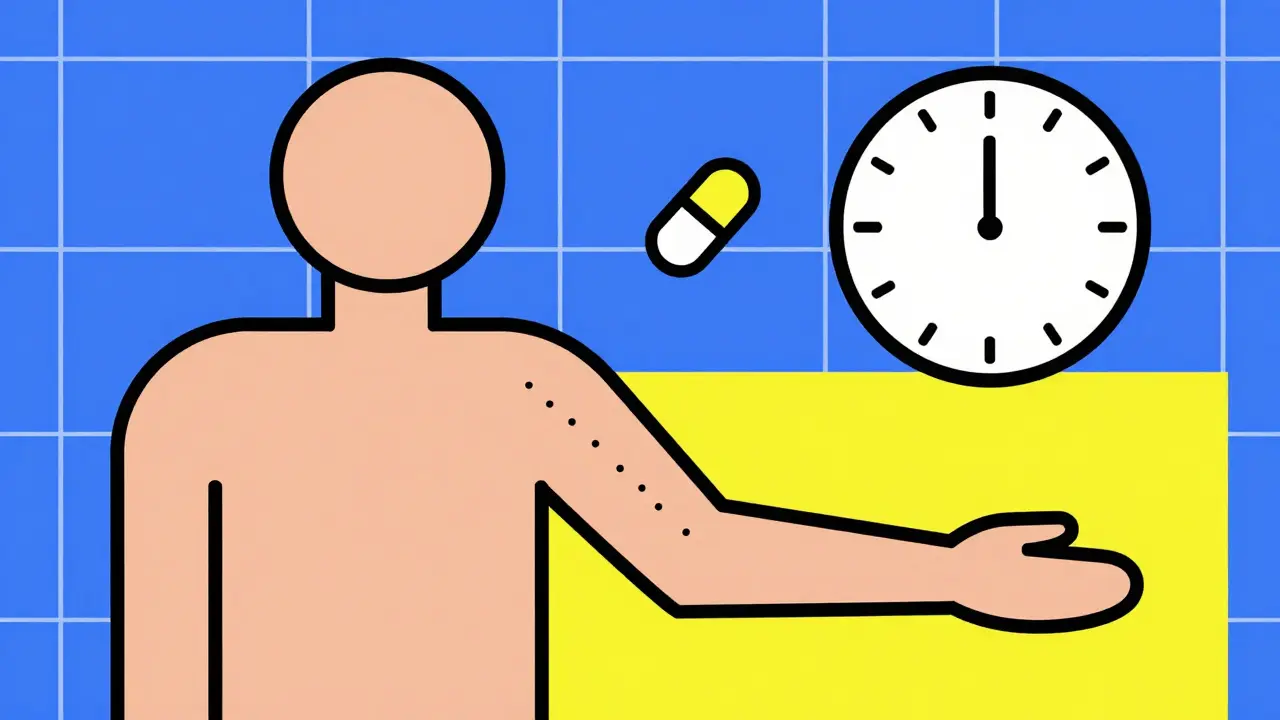 Stylized figure undergoing a skin test and oral challenge in a structured, colorful environment.