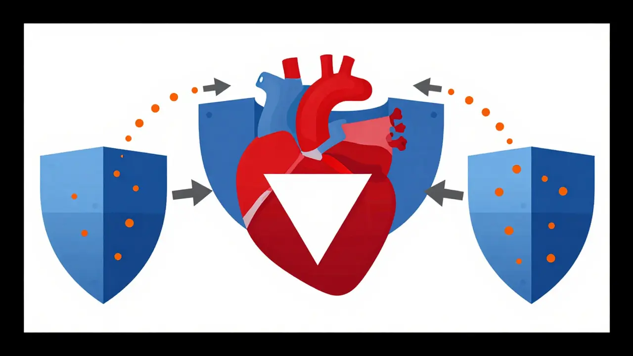 Stylized heart shielded by geometric shapes in Bauhaus medical art.