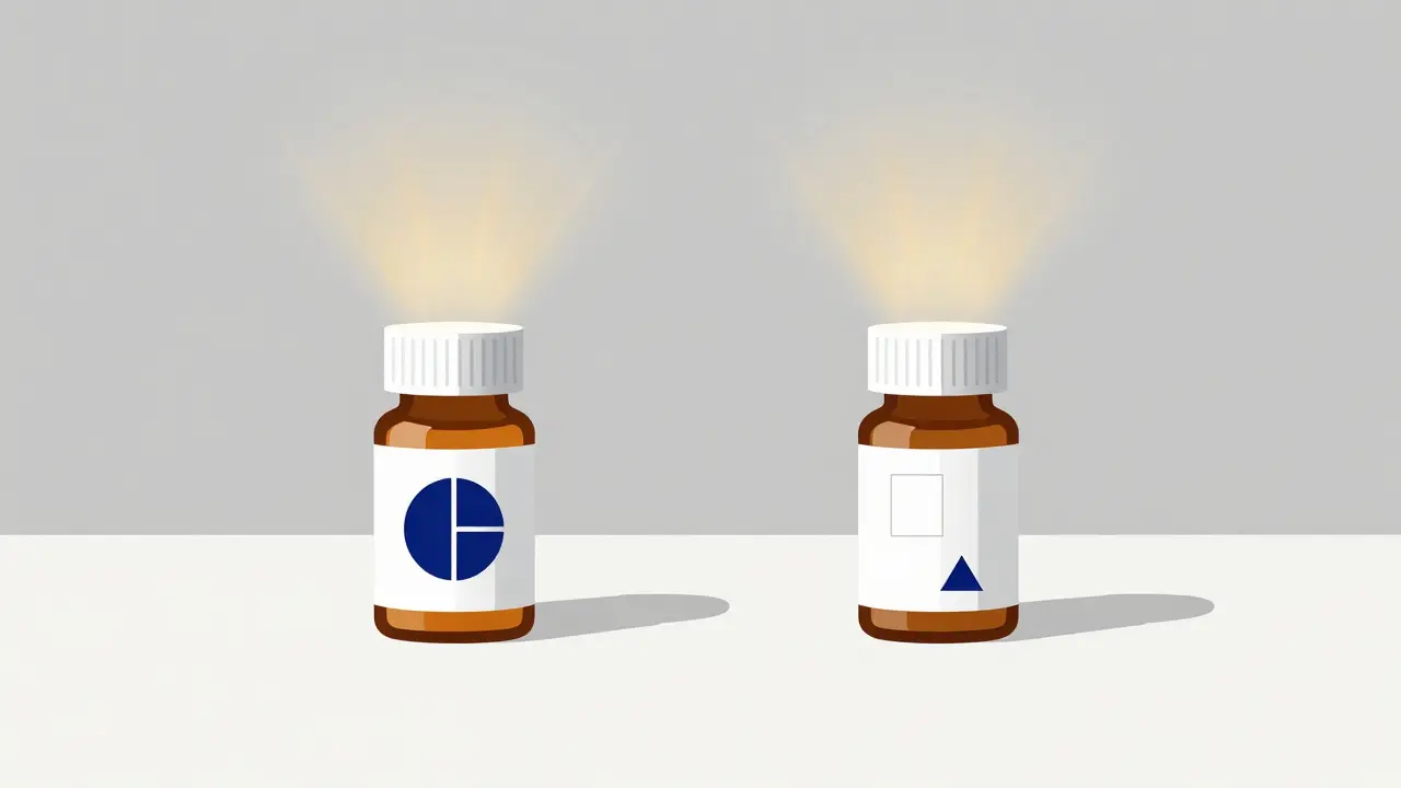 Two pill bottles glowing equally, showing generic vs brand equivalence
